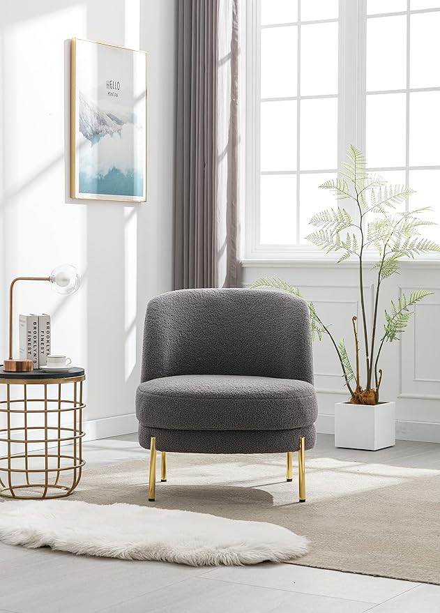 28.4 W Accent Chair Upholstered Curved Backrest Reading Chair Single Sofa Leisure Club Chair with Golden Adjustable Legs for Living Room Bedroom Dorm Room (Gray Boucle)