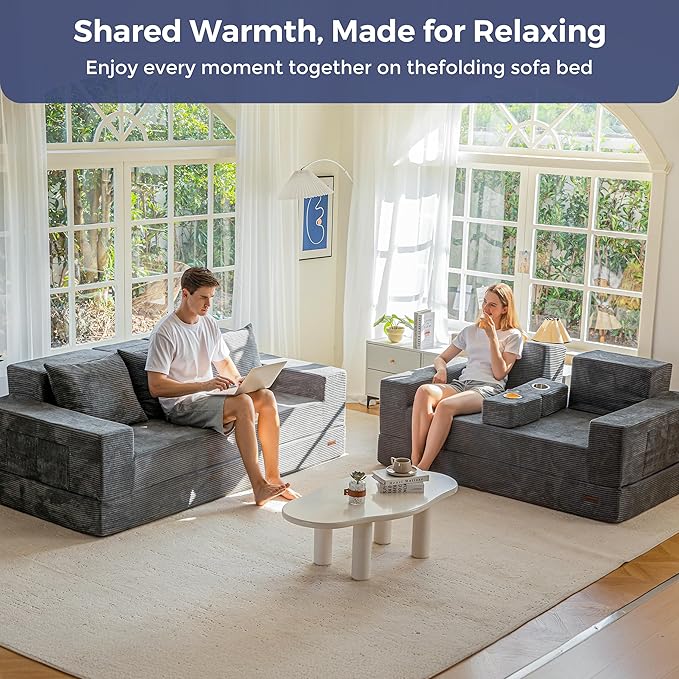 MAXYOYO Loveseat Sofa Bed 64 Foldable Floor Sofa Couch in A Box with 2 Cup Holders 4 in 1 Convertible Boneless Couch Folding Recliner Sleeper Chair for Living Room No Assembly Required Dark Grey