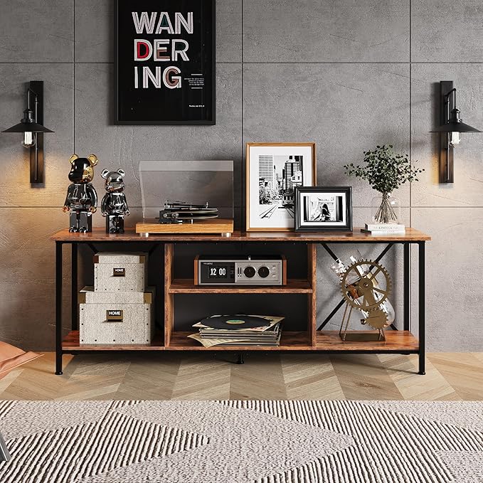 WLIVE Industrial TV Stand for Up to 65 inch TV Heavy-Duty Metal Frame Entertainment Center with Adjustable Shelves &amp Cable Management Media TV Console for Living Room Bedroom Rustic Brown
