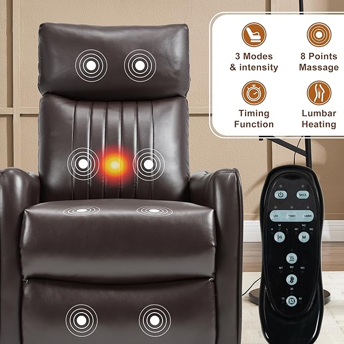 Manual Swivel Rocker Recliner Chair for Adults Overstuffed Recliner Glider with Massage and Heat Living Room Reclining Chair PU Leather Dark Brown