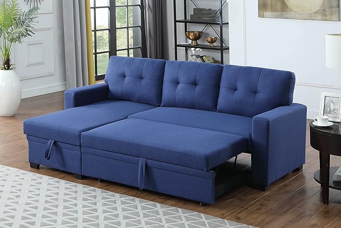 82 Convertible Sectional Sleeper Sofa with Storage Chaise L Shaped Pull Out Couch Bed with 3 Tufted Back Cushion for Living Room ApartmentOfficeBlue