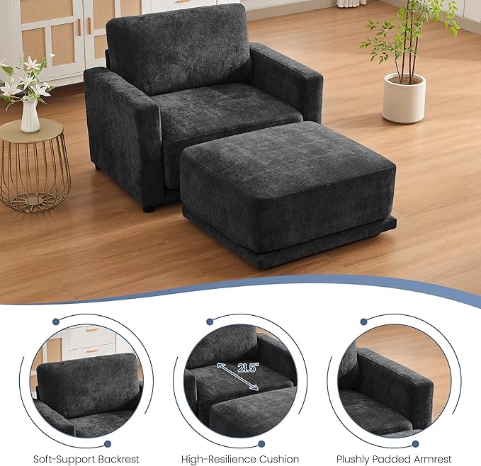 44.2 Oversized Sofa Chair with Ottoman Upholstered Accent Chair with Thick Cushions Single Sofa Lounge Chenille Comfy Reading Chair for Living Room Easy Assembly Black