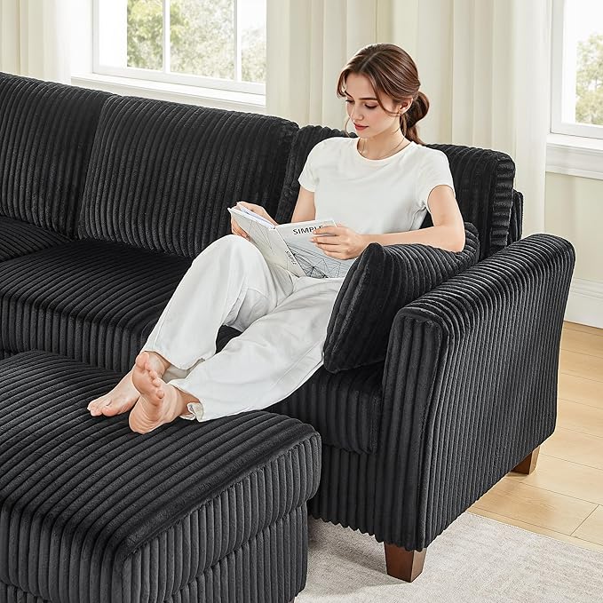 VANOMi Sectional Cloud Modular Sofa Corduroy Fabric L Shape Sofa with Storage OttomanU Shape Sectional Cloud Couch 6-Seat Upholstered Corner Couch for Living Room Charcoal Black | Sectional Cloud
