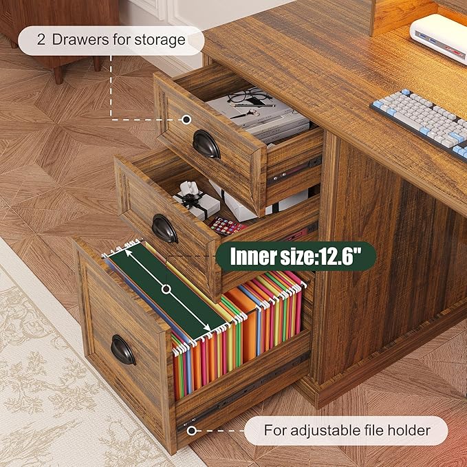 Executive L Shaped Desk with Monitor Stand 59 inch Farmhouse Corner Computer Desk with Power Outlets &amp LED Lights Home Office Desk with File Cabinet for Working Gaming Writing Dark Walnut