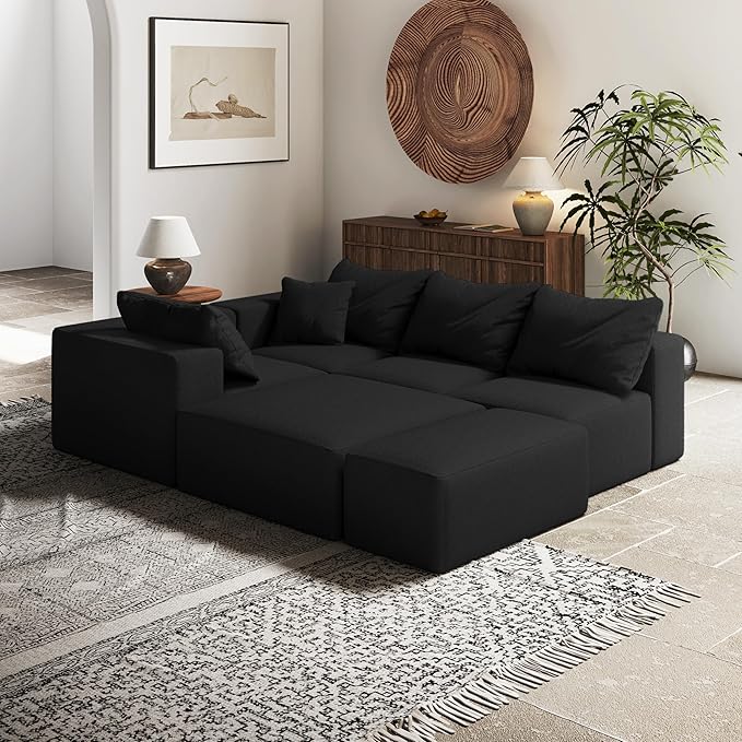 Yoglad 132 Modern L-Shape Sectional Upholstery Sofa 6 Seat Freedom Combination Living Room Sofa Comfy Deep Seat Floor Furniture with 6 Pillows for Living Room Office (Chenille Black)