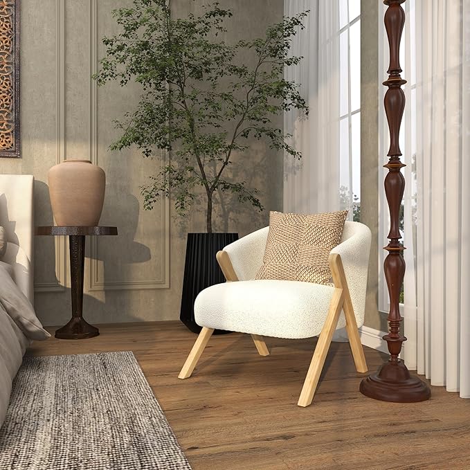 Deco 79 Polyester Living Room Accent Chair Rounded Boucle Side Chair with Angled Wooden Legs Corner Chair 27 x 26 x 28 White