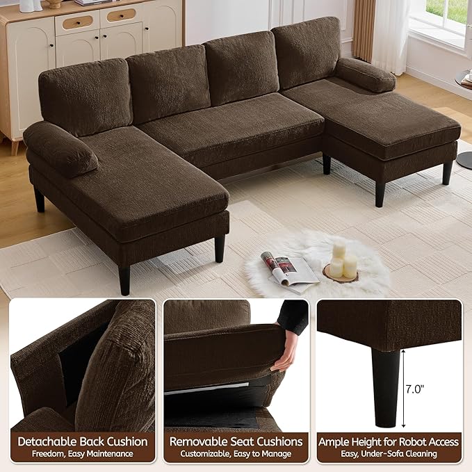 U Shaped Sectional Couches for Living Room 101 Modern Chenille Fabric Sofa with Double Chaise Lounge 4-Seat Couch with Removable Pillows for Apartment/Small Space Brown
