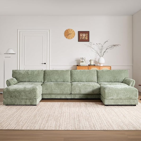 142'' Modular Sectional Sofa Set with Movable Storage OttomanUSB and Type-C Charger 6 Seat U Shaped Couch with Cup Holder Oversized Chenille Sofa for Living Room Apartment (Green-GA99)