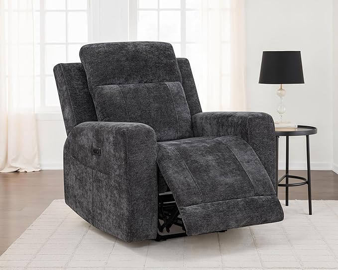 Coaster Home Furnishings - Kennett - Chenille Upholstered Power Recliner Chair with Push-Button Mechanism Built-in Ports Padded Headrest - Living Room - Dark Grey - 610156P