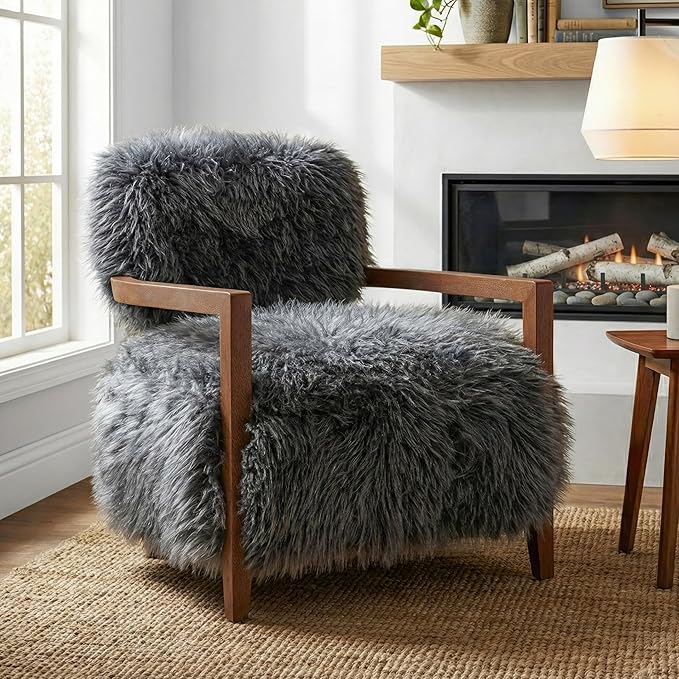 Furniture of America Ramos Modern Accent Chair with Ultra Soft Faux Fur Long-Haired Accent Sofa Tight Seat and Back Single Couch Fluffy Living Room Seating No Assembly Needed Charcoal Gray