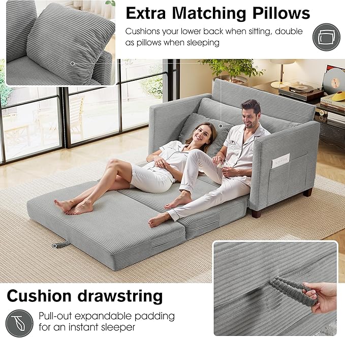 51 Loveseat Sleeper Sofa Bed Corduroy Convertible Floor Sofa Bed for Small Spaces Folding Couch Bed with Deep Seat 2 Pillows &amp Solid Frame Pull Out Floor Couch for Living Room Grey