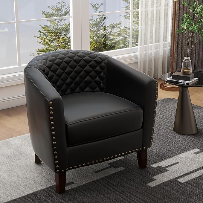 UIXE Faux Leather Barrel Accent Chairs Set of 2 Modern Club Upholstered Arm Chair Comfy Armchair Nailed Trim Living Room Single Sofa Reading Seat Bedroom Side Sitting for Office Black