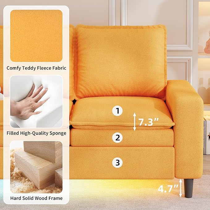120 Sectional Couches for Living Room 6 Seater Sectional Sofas with Bluetooth Speaker &amp LED Light Modern Teddy Fleece U Shaped Sofa Couch with Storage/Charging Ports/Cup Holder (Yellow Couch)