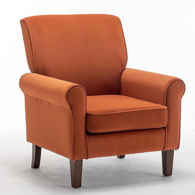 Classic Accent Armchair with Birch Wood Frame and Comfortable Rolled Armrests Arm Chairs for Living Room Bedroom and Office Decor Orange