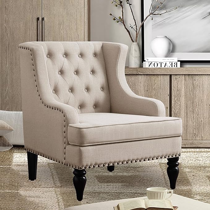 Rosevara Emmie Accent Chairs for Living RoomUpholstered ArmchairLinen Fabric Comfy Reading Seat Lounge for Living Room Bedroom ApartmentEasy AssemblyBeige