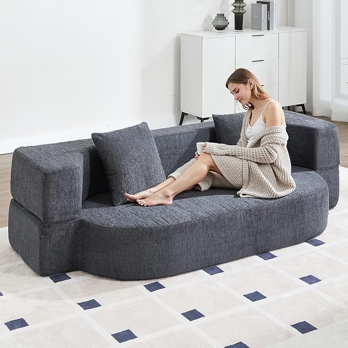 Folding Sofa Bed Convertible Futon Sleeper Bed 2-in-1 Foldable Floor Mattress with 2 Pillows Breathable High-Density Foam Lazy Couch Twin Size Comfy Lounge Chair Dark Gray