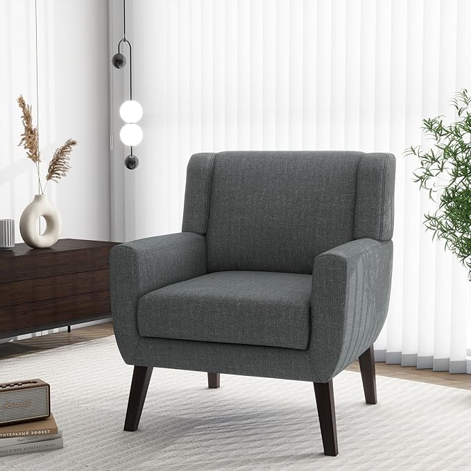 Accent Chair Comfy Mid Century Modern Small Armchairs with Solid Wood Frame and Soft Cushion for Living Room Bedroom (GreySet of 1)
