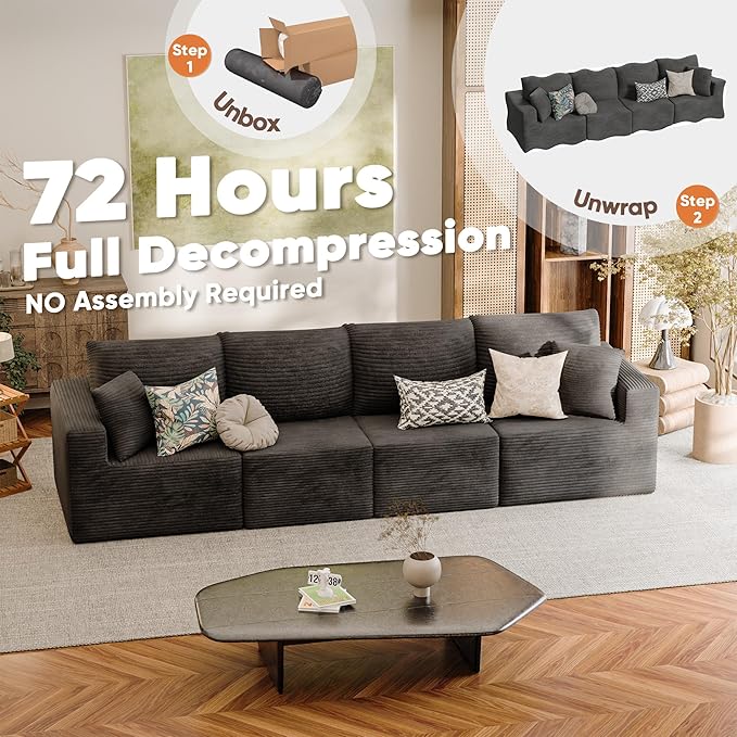 JUMMICO Boneless Couch with Deep Seat and Ottoman Modular Sectional Sofa with Body Support Corduroy Couches for Living Room Apartments Bedroom No Assembly Required (Black Four Seater)