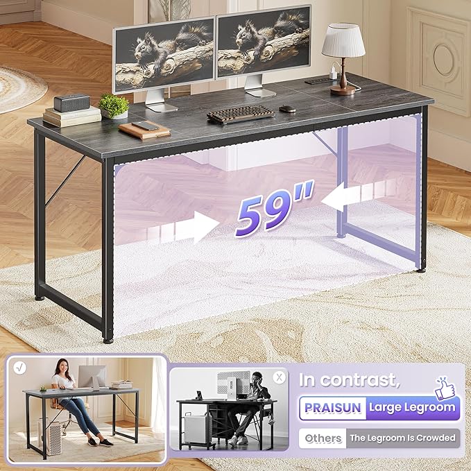 PRAISUN 63 X 24 Inch Office Computer Desk with Power Outlets and USB-C Port Larger and Longer Gaming Desk for Home Office Study Writing Work from Home Table Metal Frame Grey