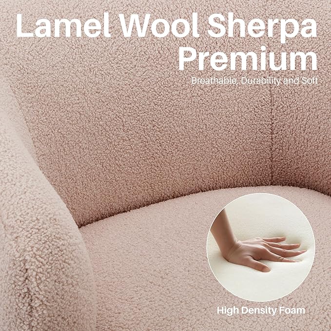 Swivel Accent Chair Sherpa Teddy Barrel Chair for Living Room Cozy Round Boucle Arm Chair Metal Base for Club Nursery Bedroom Light Blush Pink