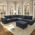 KEIKI 110 L-Shaped Oversized Plush Corduroy Modular Sectional Sofa with Pull-Out Bed Convertible 6-Seater Sleeper Couch Bed with 1 Ottomans &amp USB &amp Cup Holders Easy Assembly for Living Roo