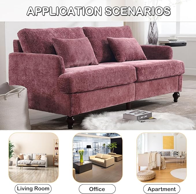 68'' Sofas Couch for Living Room Mid Century Modern Sofa with Deep Seats Chenille Loveseat Cloud Couch Comfy Small Couches for Small Spaces Apartment Bedroom Wine Red