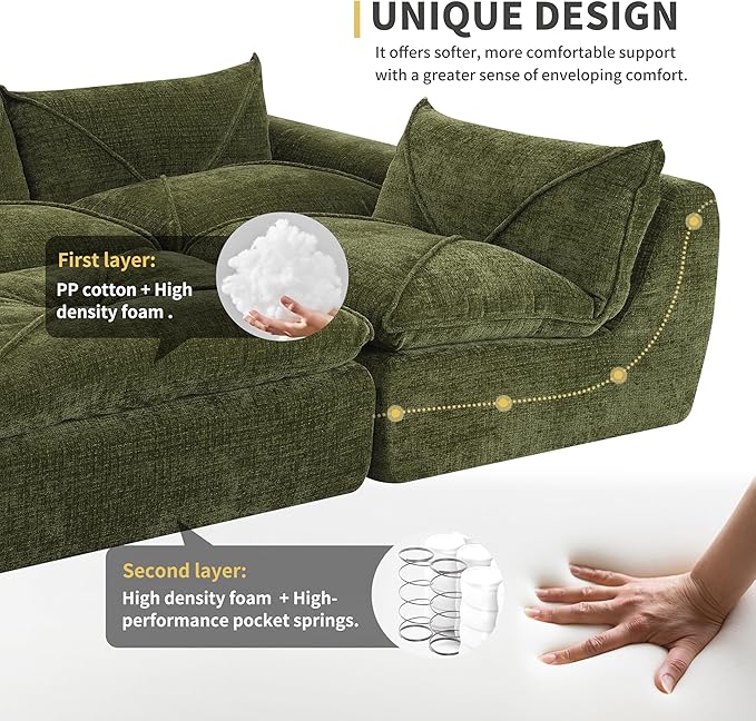 116'' Oversized Modular Sofa Fully Compressed 4 Seat Spacious Foam-Filled Sofa Bed for Living Room Free Combination Friendly Design L-Shaped Comfy Couches No Assembly Required (Green-QJ88)