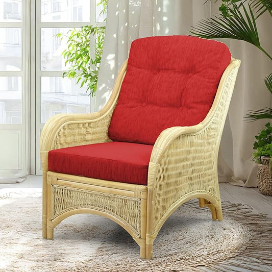 Wickerix Jam Lounge Living Accent Armchair Natural Color Natural Rattan Wicker Handmade Design with Red Cushion