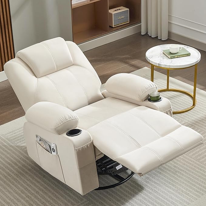 Oversized Swivel Rocker Recliner Chair with Heat and Massage 360 Degree Swivel Rocking Single Sofa with USB Port and Cup Holders Big Recliner Chair for Living Room (Fabric Light Beige)