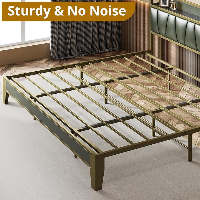 LIKIMIO California King Bed Frame Storage Headboard with Charging Station Solid and Stable Noise Free No Box Spring Needed Easy Assembly (Dark Green)