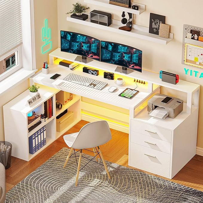 YITAHOME L Shaped Desk with 3 Drawers 65 Corner Computer Desk with Power Outlets &amp LED Lights L-Shaped Desk with File Cabinet &amp Printer Stand for Home Office White