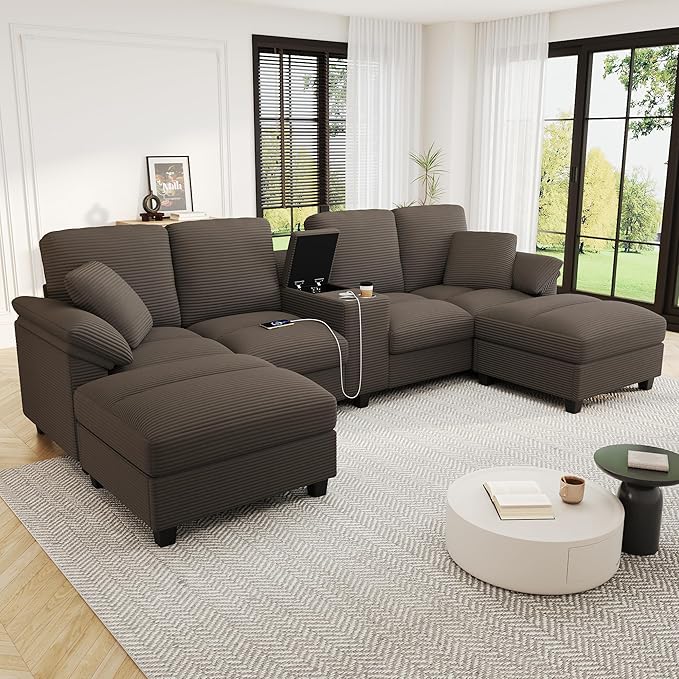 Merax 116.9 Modern U-Shaped Sofa Sectional Sofa Corduroy Upholstered Sofa Couch with Storage Ottomans Cup Holders and USB Ports for Living Room Brown