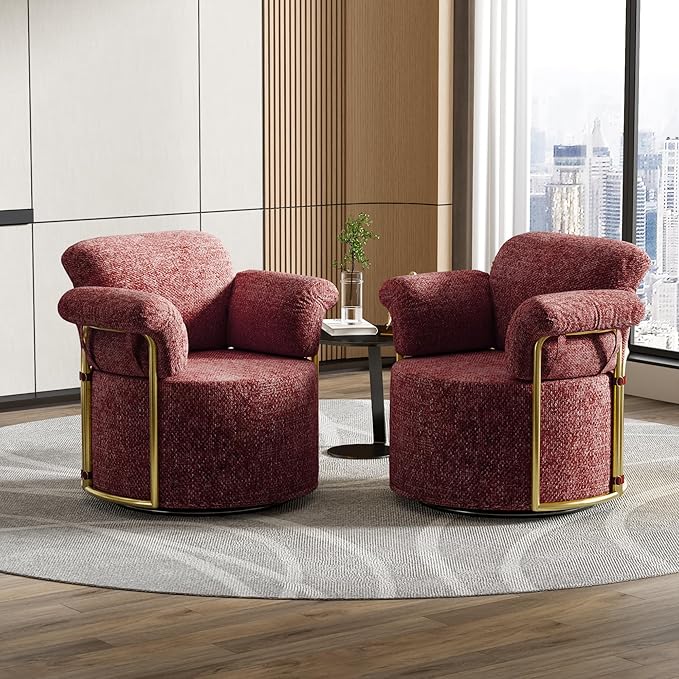 Swivel Accent Chair 360° Bouclé Barrel Chair with Sturdy Metal Frame Red Round Accent Chair with Deep Seat &amp Thick Armrests Soft Reading Lounge Chair for Bedroom Living Room Office
