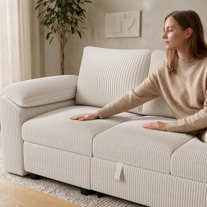 108 Inch Sectional Sleeper Sofa Bed with Pull Out Couch U Shaped 7 Seat Cloud Modular Sectional Sofa with Storage Corduroy Sectional Couches for Living Room Removable Sofa Cover Beige