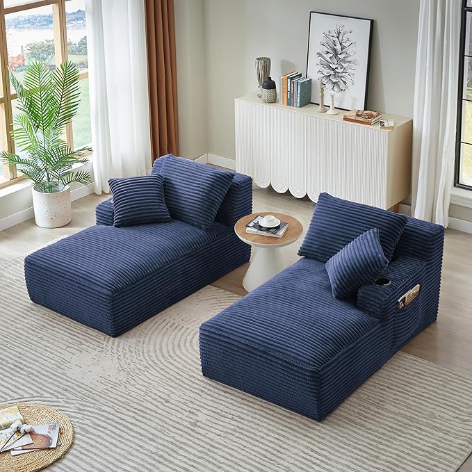 KEIKI Compressible Double Chaise Lounge with Cupholders Cozy Corduroy Sleeper Loveseat for Bedroom or Reading Nook Boneless Chaise Lounge Indoor with Supportive Spring Cushions No Assembly