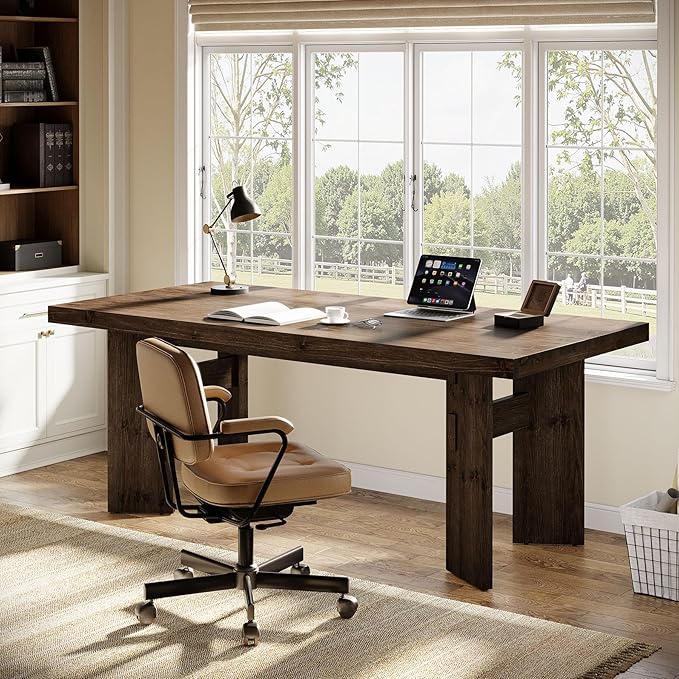 63-Inch Executive Desk Solid Wood Home Office Computer Desk with Heavy Duty Legs Modern Simple Study Writing Table for Office Conference Room Rustic Brown