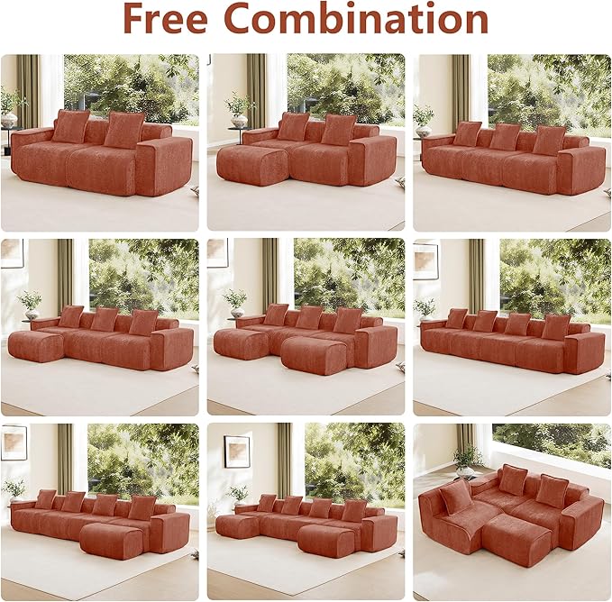 KEIKI 4Seat Modular Boneless Velvet Sofa Couch for Living Room Bedroom Studio Style Conscious Homeowners Luxurious Elegant Sophisticated Refined Design Stylish Design Red