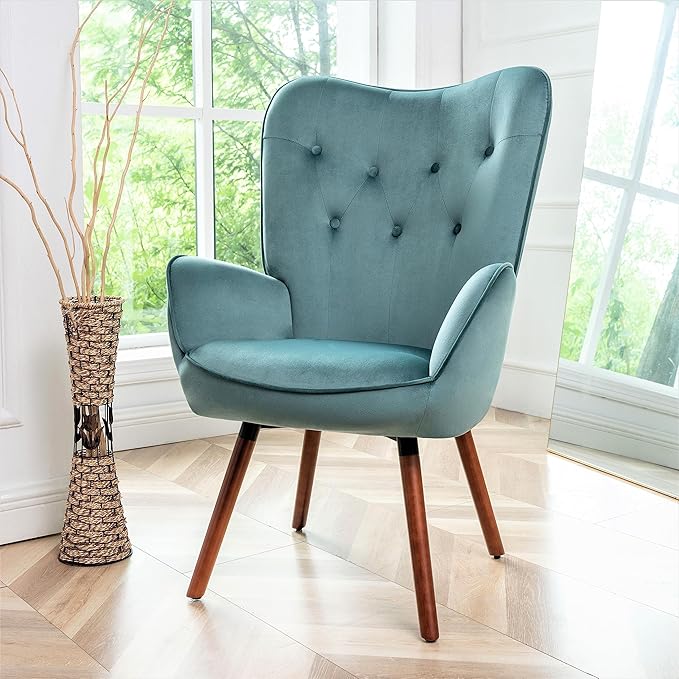 Chic Accent Arm Chairs for Living Room Bedroom or Home Office Button-Tufted Midcentury Armchair with Wingback Design and Splayed Legs Teal
