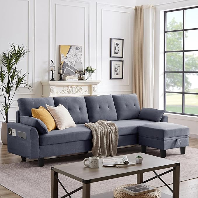 Convertible Sectional Sofa Couch 102 L Shaped Couch with Storage Ottoman and Side Pocket Modern Polyester 4-Seat Reversible Sofa Set for Living Room Light Grey