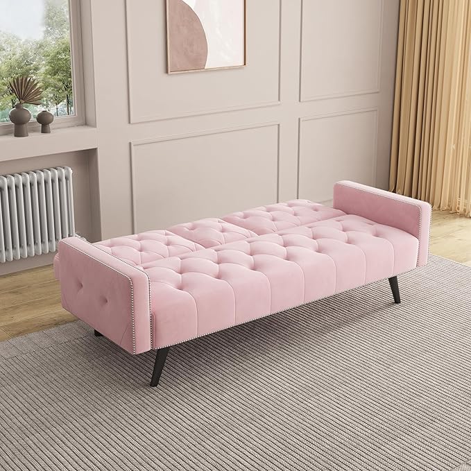 KEIKI 72 Velvet Loveseat Sofa Bed with Nailhead Accents &amp Tufted Backrest 3-in-1 Convertible Sleeper with Cup Holders for Small Spaces Pink