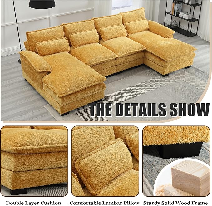 110'' U-Shaped Sectional Couch Modern Chenille Extra Large Modular Sofa with 4 Cushions Memory Foam Funiture Set with Double Lounger for Living Room Office Reception Room Yellow