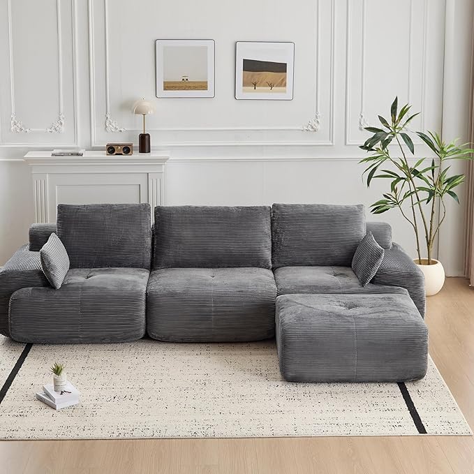 Modular Sectional Sofa Comfy Boneless Cloud Couch with Pillows Pet-Friendly Corduroy Fabric Sectional Couches for Living Room No Assembly Required (Grey 3 Seat)