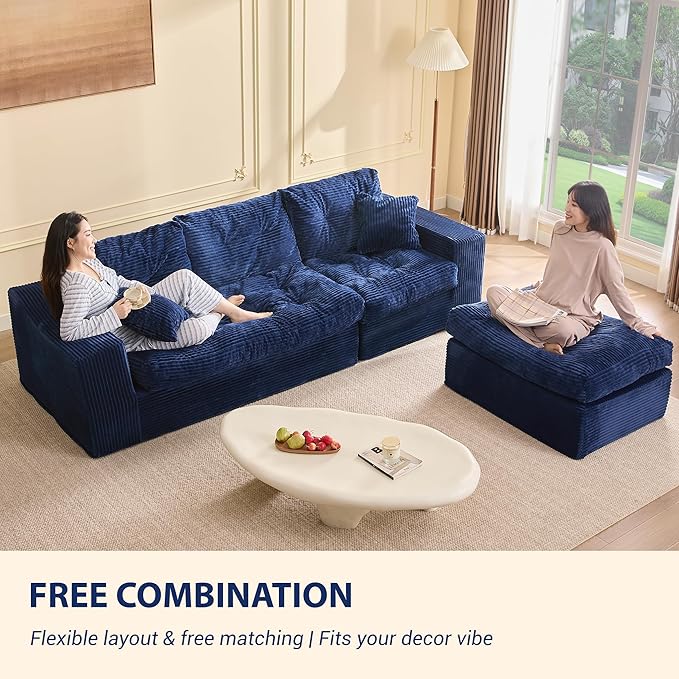 Modular Sectional Sofa 102” L-Shaped Corduroy Couch with Ottoman Deep Seat Comfy Sectional for Living Room Set of Soft Upholstered Cloud Couch for Apartment Blue