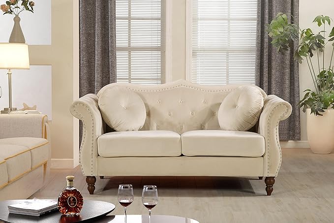 Anna1 Chesterfield Velvet Couches for Living Room Button Tufted Luxury Upholstery with Rolled Arms High-Density Foam Durable Wood Frame 65.5 Loveseat Alabaster