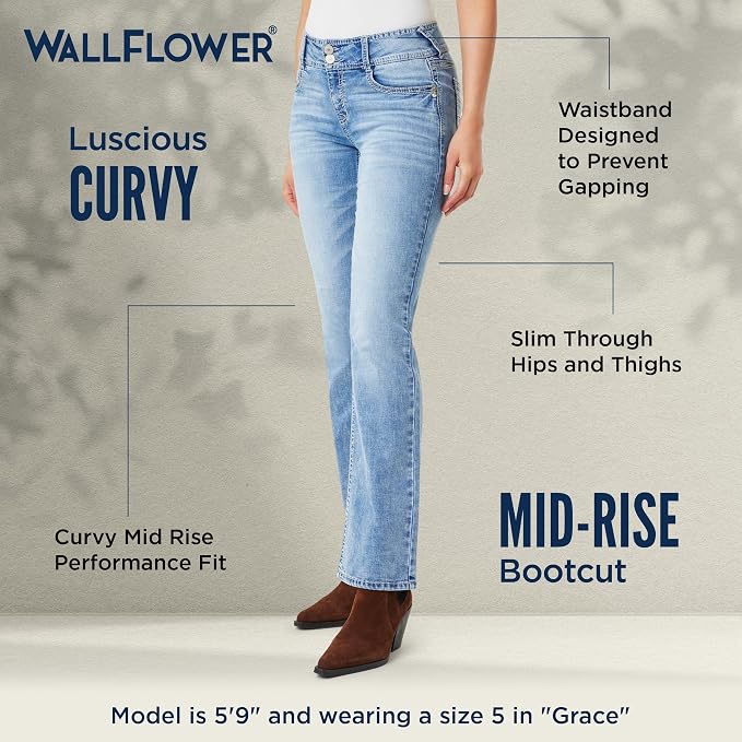 WallFlower Luscious Curvy Bootcut Jeans for Women Mid-Rise Insta Stretch Denim Size-Inclusive Juniors Jeans
