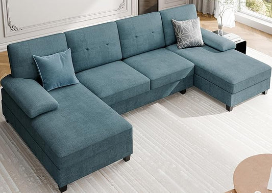 Meilocar Sectional Couches for Living Room 106 in U Shaped Couch Soft Sectional Sofa with Double Chaise Comfortable 4 Seat Sofa Couch (Blue) | Breathable Fabric Double Chaise