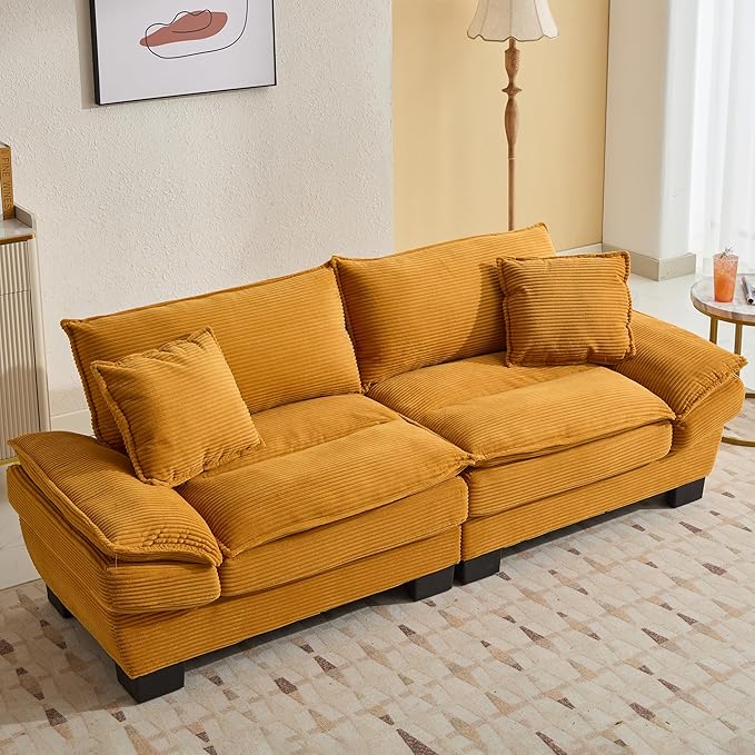 KEIKI Loveseat Sofa 84 Corduroy Upholstered Couch with Deep Seat and 2 Pillows Modern Loveseat Sofa Couch for Small Spaces Living Room Apartment Office Yellow