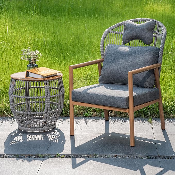 Modern Living Room Chairs Accent Chairs Set of 2 with Coffee Table Comfy Arm Chair with Cushions/Headrest Reading Lounge Chair Rattan Recliner Seating Braid Armchair for Bedroom Grey