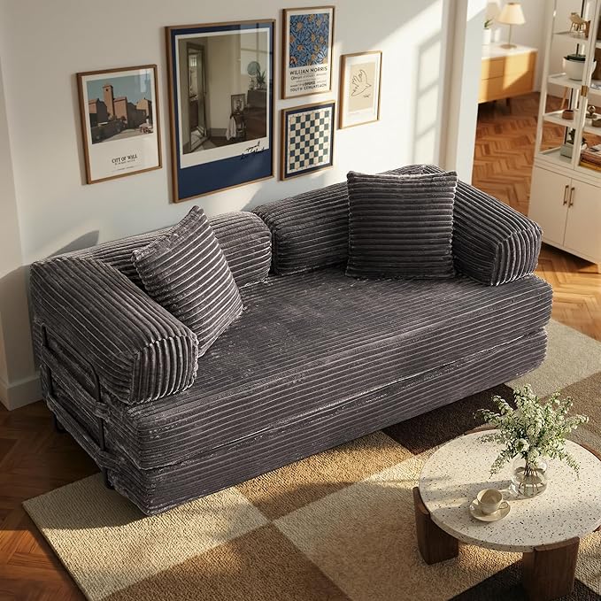 4-in-1 Folding Sofa Bed 78 Oversized Corduroy Sleeper Chair Convertible Loveseat to Floor Bed with Storage Pockets Boneless Design for Living Room Bedroom &amp Small Spaces