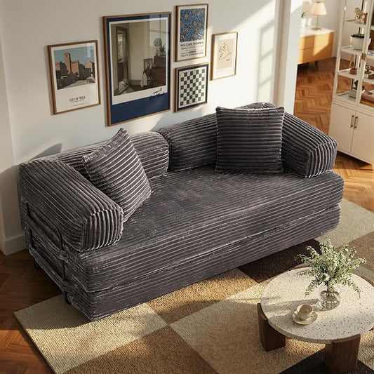4-in-1 Folding Sofa Bed 78 Oversized Corduroy Sleeper Chair Convertible Loveseat to Floor Bed with Storage Pockets Boneless Design for Living Room Bedroom &amp Small Spaces